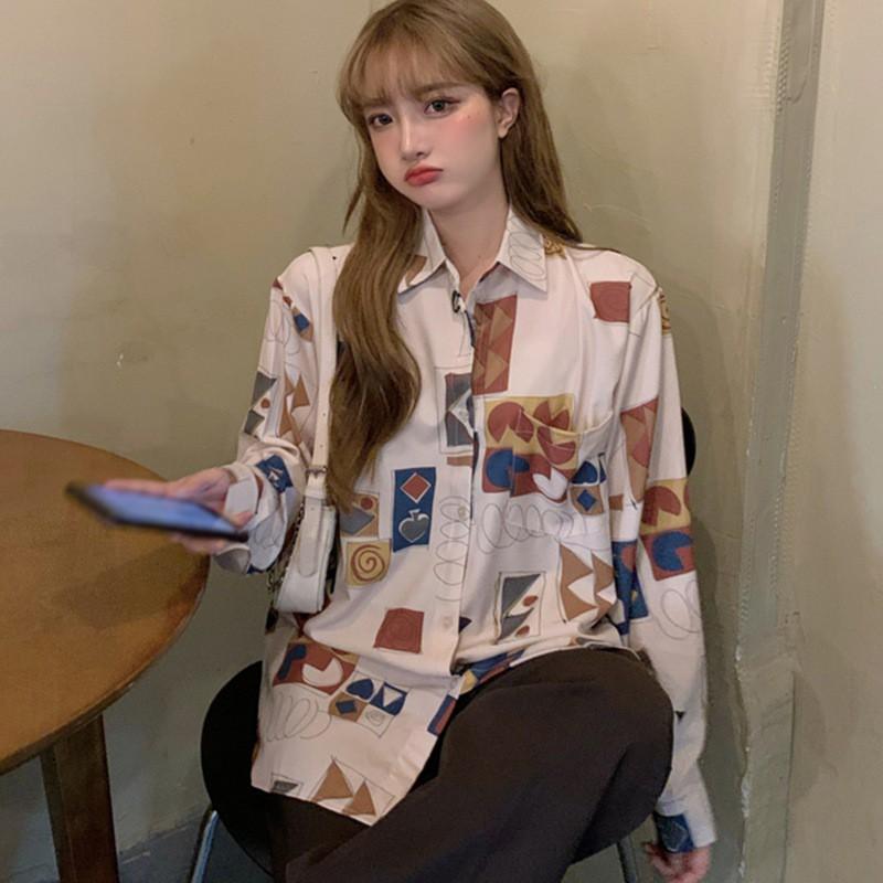 Áo Sơ Mi Tay Dài Form Rộng In Họa Tiết Phong Cách Retro Cho Nữ