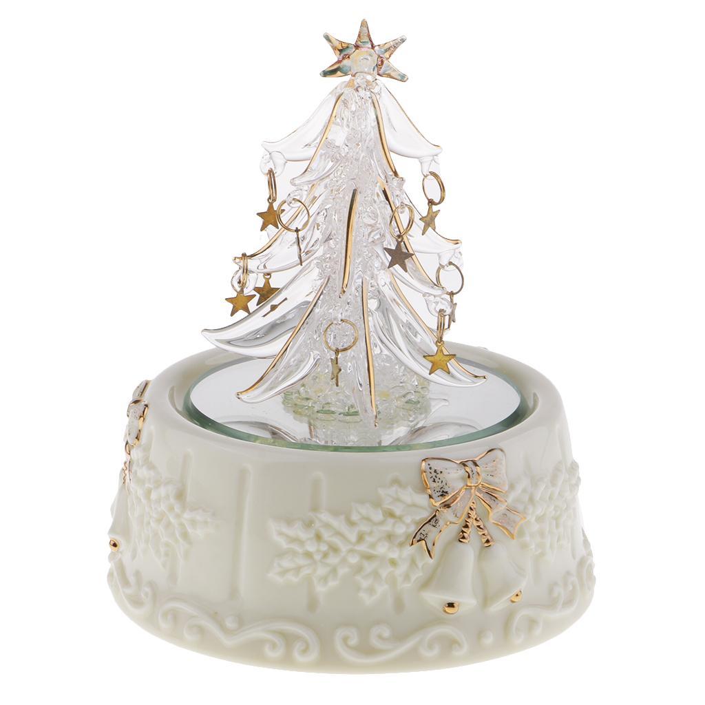 Christmas Tree Wind Up Rotate Music Box Spun Glass Art Crafts for Collection