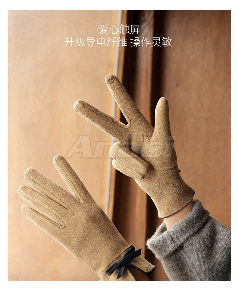 Găng tay chống nắng/ mùa đông cho nữ Anasi OLV14 đính nơ da - Vải dày dặn, tích hợp cảm ứng