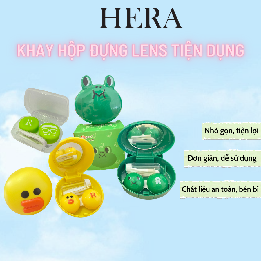 Khay hộp đựng lens xinh xắn dễ thương kèm gương nhíp gắp cây đeo và chai đựng nước ngâm dự phòng - Hera Lens