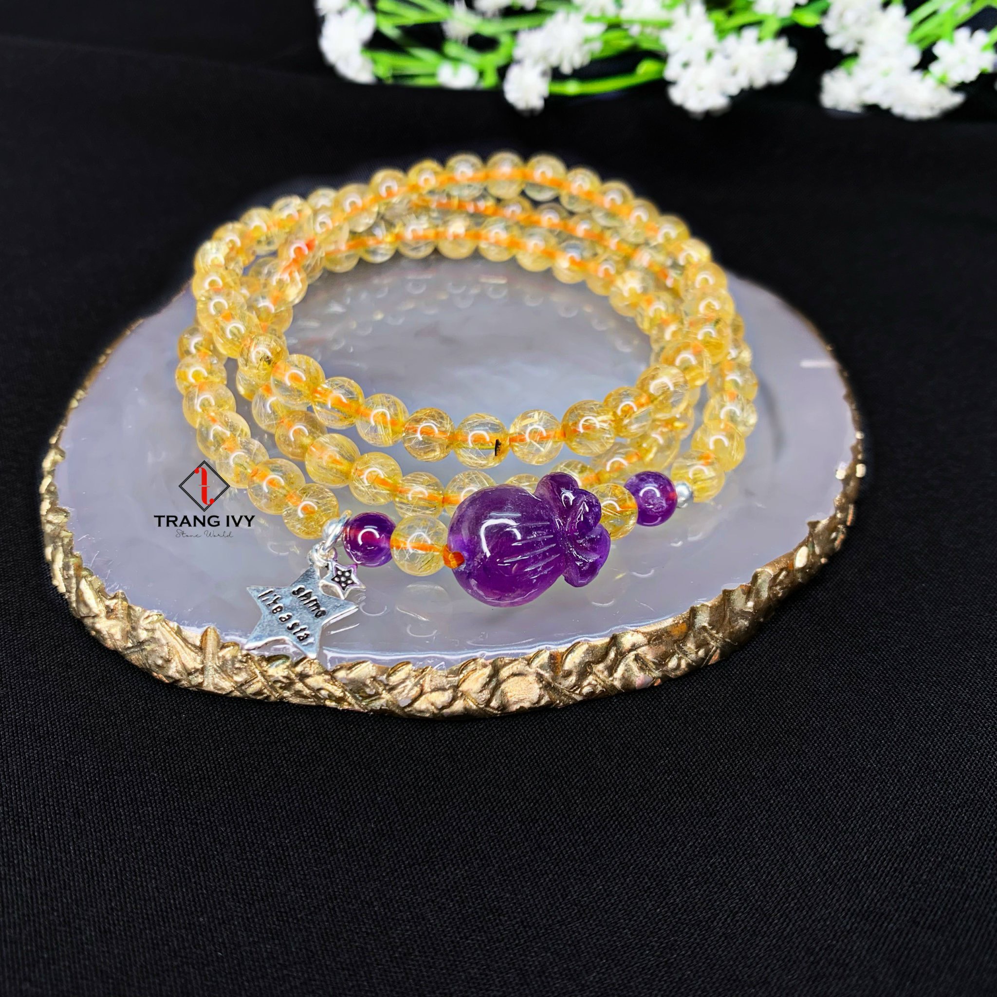 Chuỗi Vòng Tay Đá Thạch Anh Tóc Vàng Tự Nhiên Mix Túi Tiền Thạch Anh Tím, Dành Cho Nữ Mệnh Thổ