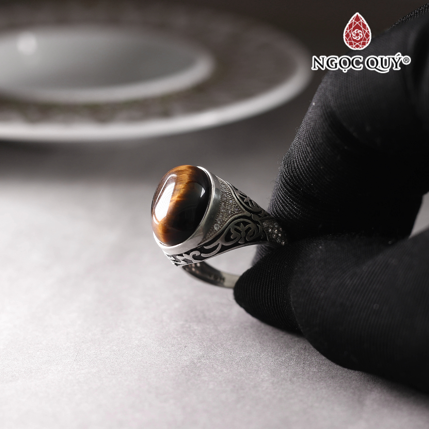 Nhẫn bạc nam đá mắt hổ vàng nâu ni 19 mệnh thổ, kim - Ngọc Quý Gemstones