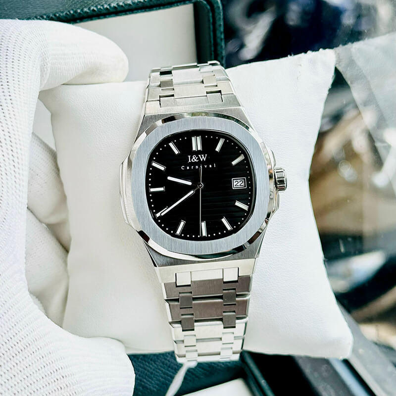 Đồng hồ nam chính hãng I&amp;W Carnival 721G1-T2 kính sapphire,chống xước,chống nước 50m,Bảo hành dài hạn,máy cơ (automatic),mặt đen viền trơn dây thép không gỉ