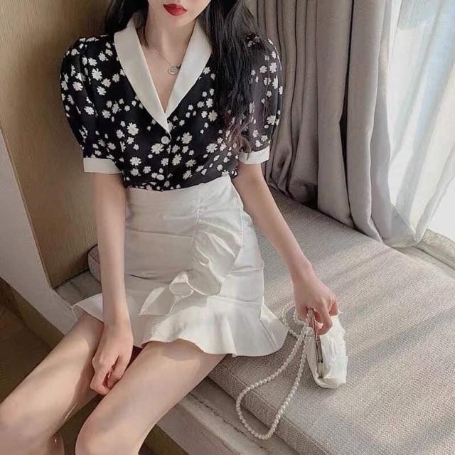 Sét áo hoa cổ viền phối chân váy bèo Cao Cấp