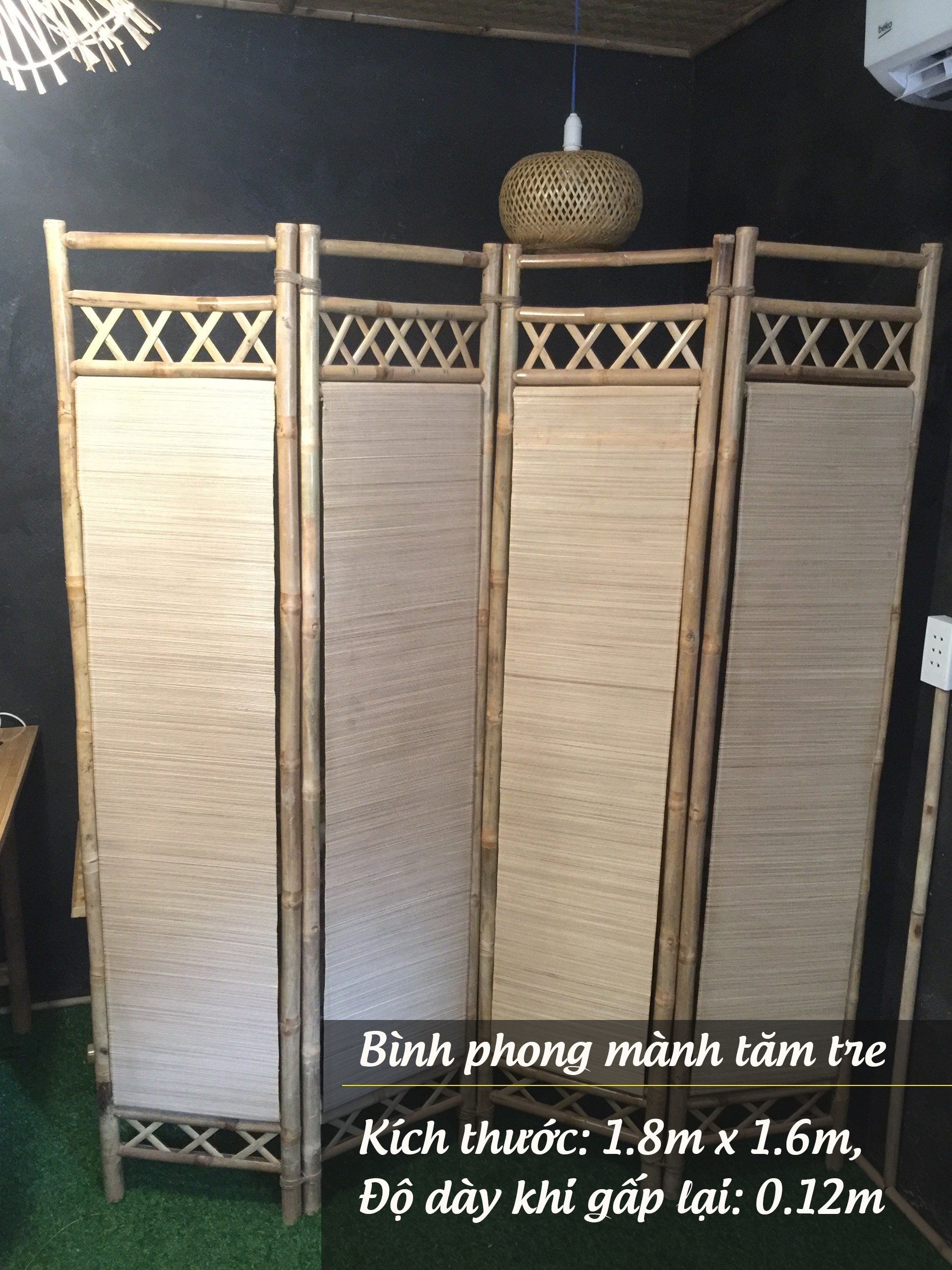 Vách ngăn bình phong/Bình phong mành tăm tre gấp làm 4 kích thước 1.8m x 1.6m