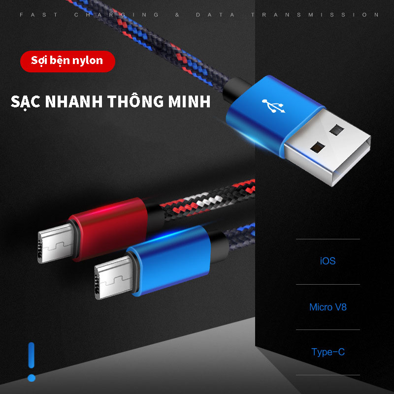 Dây Cáp Sạc Hitoor Thích hợp cho Android V8 iphone hợp kim nhôm bện nylon type-C là 2A điện thoại di động Pin Dự Phòng Tai nghe