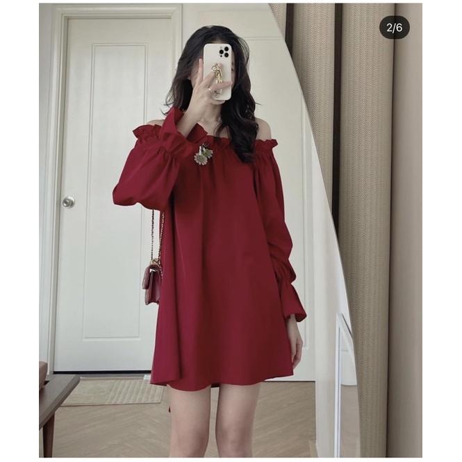 Đầm suông đỏ bẹt vai tay dài nơ lưng