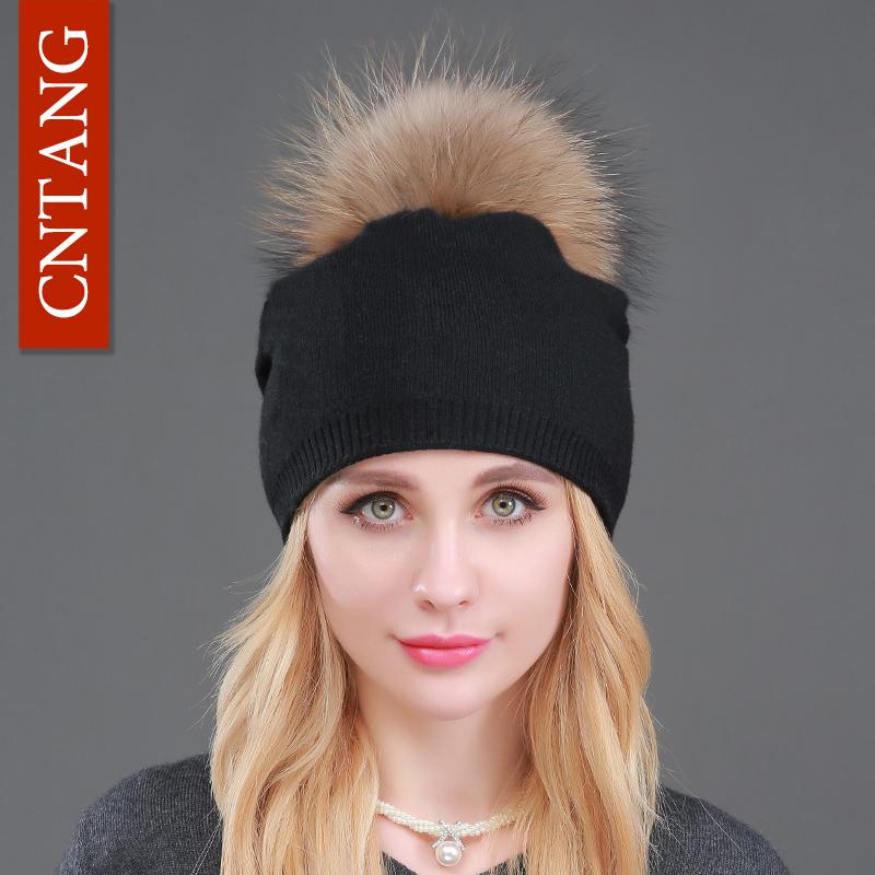 MÙA THU ĐÔNG Len Dệt Kim Mũ Nam Nữ Thời Trang Pompon Beanies Mũ Lông Thú Nữ Ấm Áp Viên Có Đá Tự Nhiên Gấu Trúc Lông Thú mũ Lưỡi Trai - one