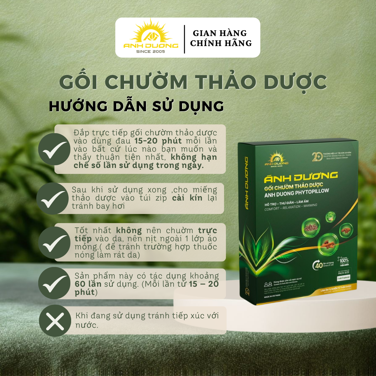 GỐI CHƯỜM THẢO DƯỢC ÁNH DƯƠNG TẶNG 1 CAO XOA BÓP ÁNH DƯƠNG - HỖ TRỢ LÀM ẤM, THƯ GIÃN VÙNG CỔ, VAI, GÁY, LƯNG VÀ CỘT SỐNG