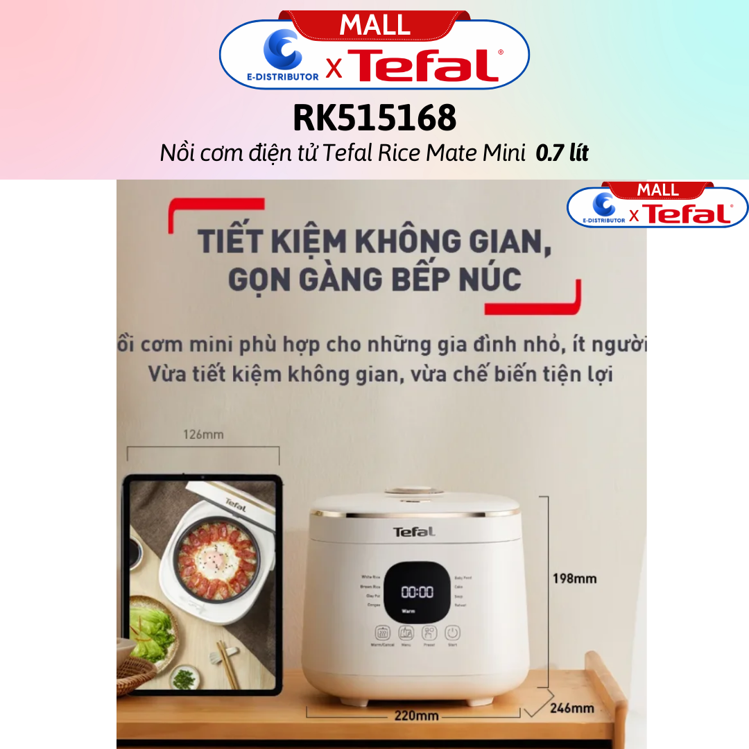 Nồi cơm điện tử Tefal Rice Mate Mini 0.7 lít RK515168 - Hàng Chính Hãng - Bảo Hành 12 Tháng - Dung tích: 0.7 lít Công suất:350W