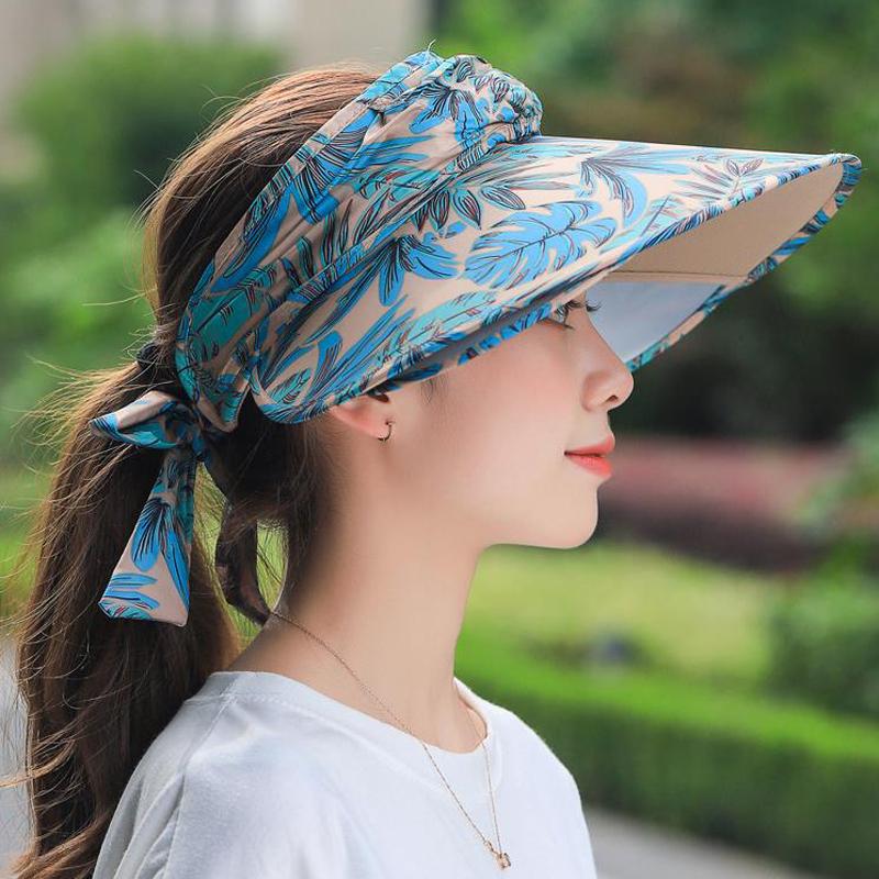 Mùa Hè Nữ Vành Rộng Trống Đầu Che Nón Đạp Xe Tretchable Quấn Nơ Màu Miếng Vải Lớn Vành Đi Biển Chống Tia UV Mũ Lưỡi Trai