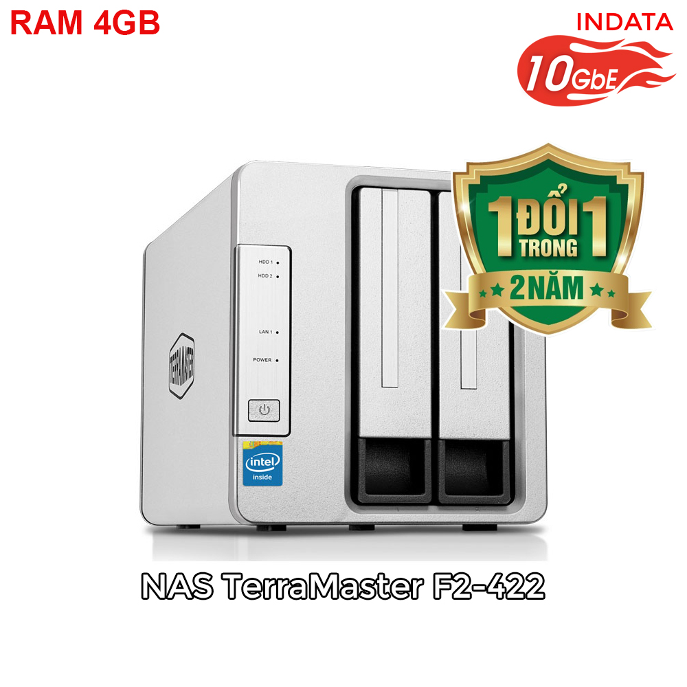 Bộ lưu trữ mạng NAS TerraMaster F2-422, LAN 10Gbps, Intel Quad-Core 1.5GHz, 4GB RAM, 651MB/s, 2 khay ổ cứng RAID 0,1,JBOD,Single - Hàng chính hãng