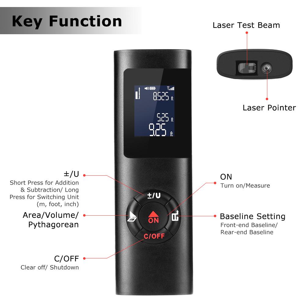 Ranger laser, thiết bị đo khoảng cách kỹ thuật số laser sạc 30m USB, dao khoảng cách di động với đèn nền LCD, phạm vi đo 0,05-30m, đo độ chính xác ± 2 mm