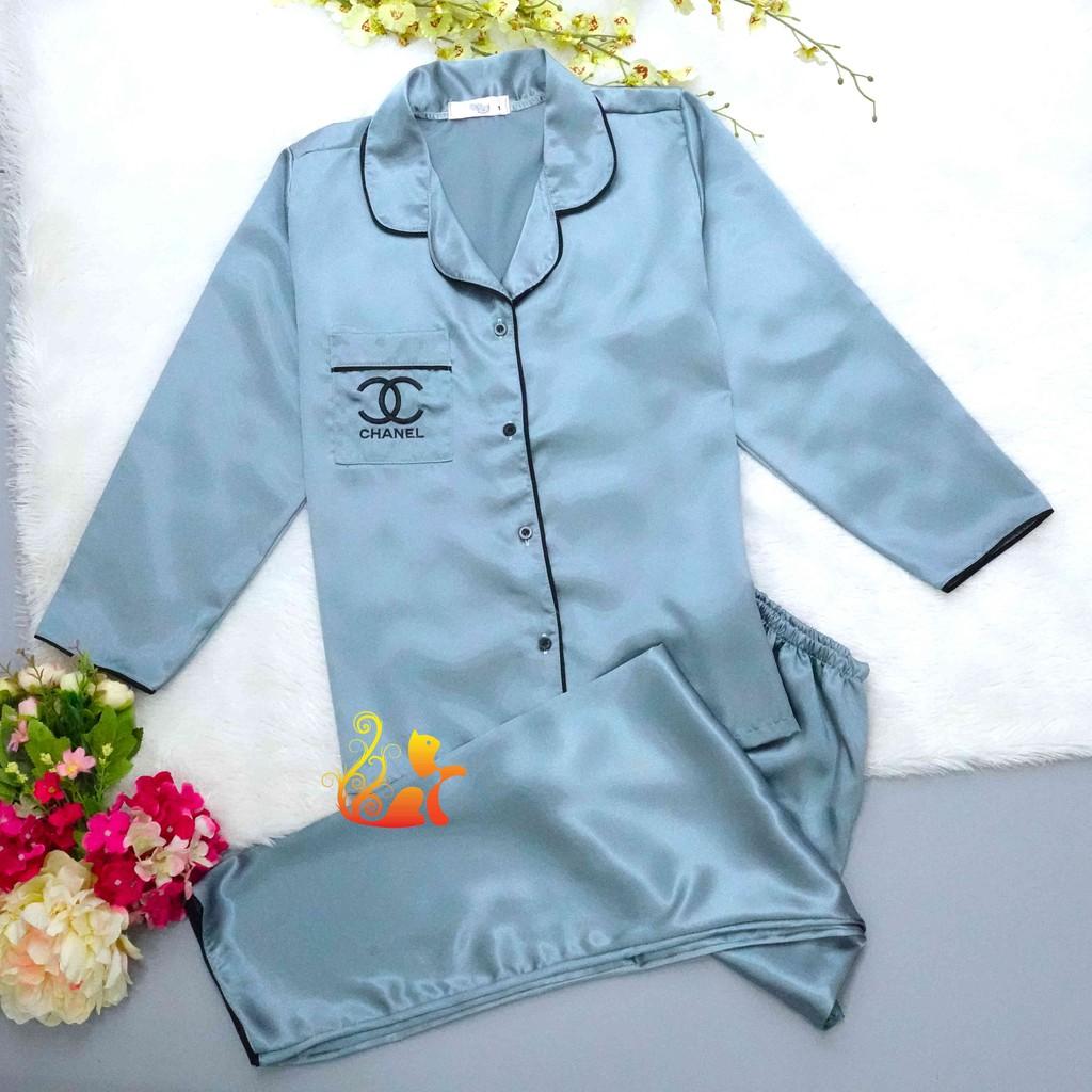 Đồ bộ Pijama Phi Lụa Viền " Thêu Chữ " tay dài cao cấp - Dưới 60kg