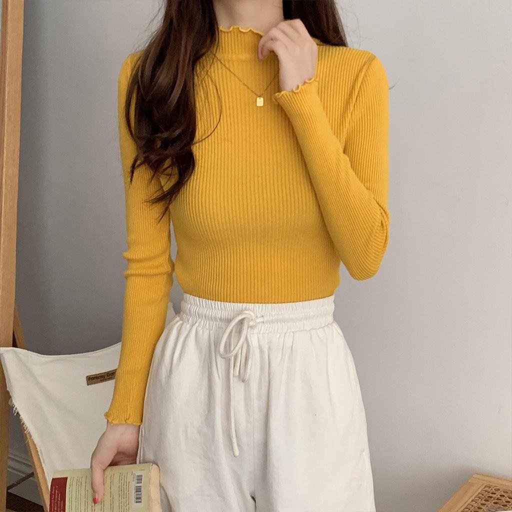 MS236 Áo len tăm nữ cao cổ 3p viền bèo