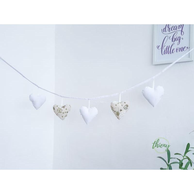 Dây trái tim vải cotton kaki xịn, may đẹp - trang trí, Decor, Sinh nhật, màu trắng hoa cẩm tú cầu