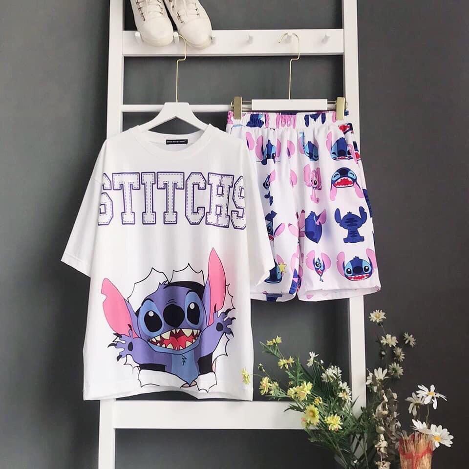 Set đồ bộ mặc nhà nữ thun cotton in 3D STITCHS dễ thương, bộ đồ ngủ nữ