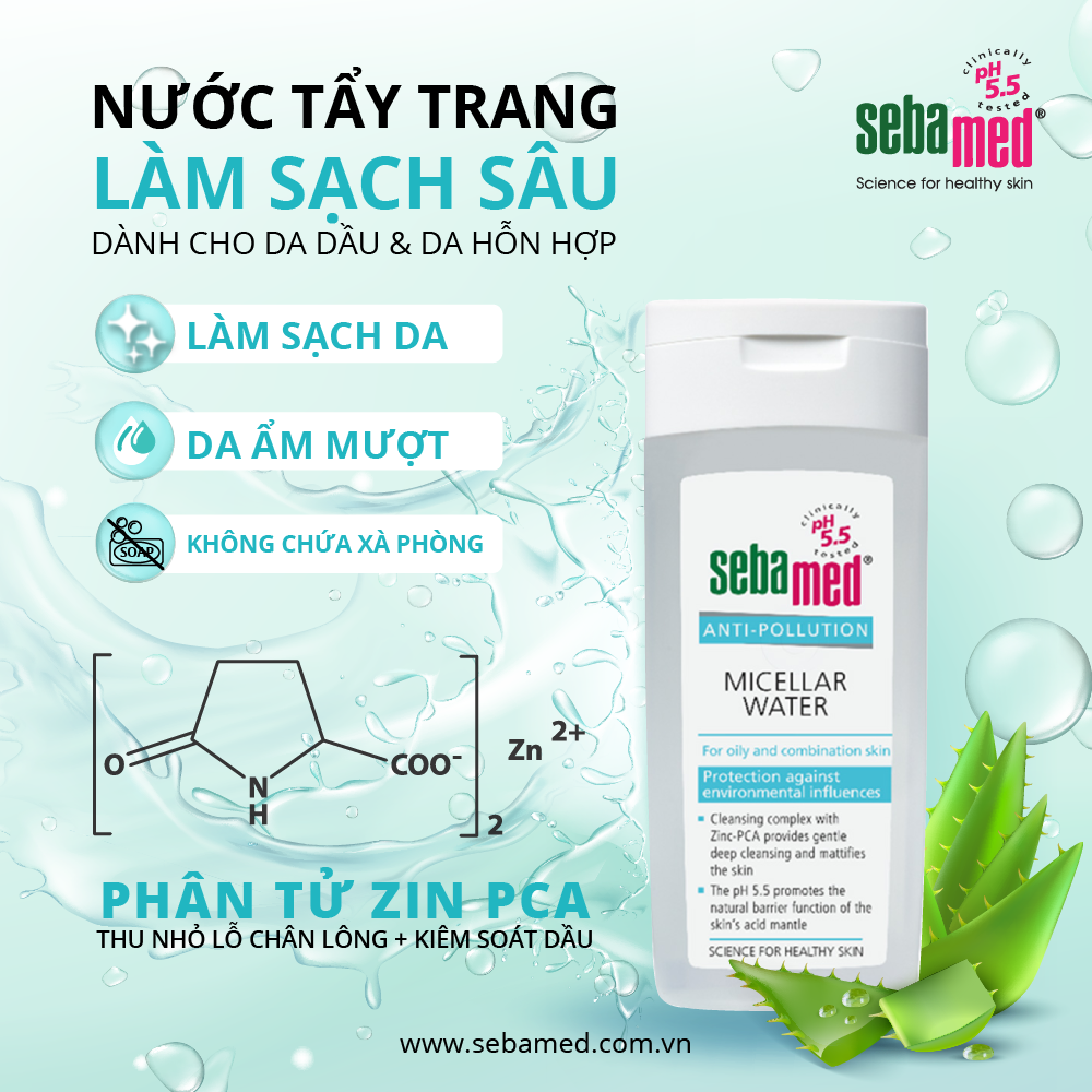 Tẩy trang dành cho da dầu &amp; da hỗn hợp Sebamed Anti Pollution Micellar Water – Oily To Combination Skin pH5.5 (200ml)