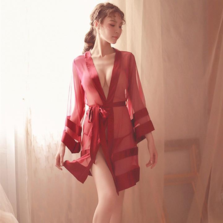 Áo choàng ngủ sexy xuyên thấu viền lụa cao cấp đồ ngủ màu đỏ quyến rũ