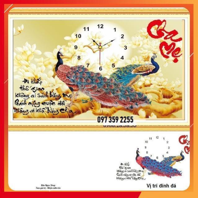 Tranh đính đá đồng hồ cha mẹ chim công DF162 80x55cm