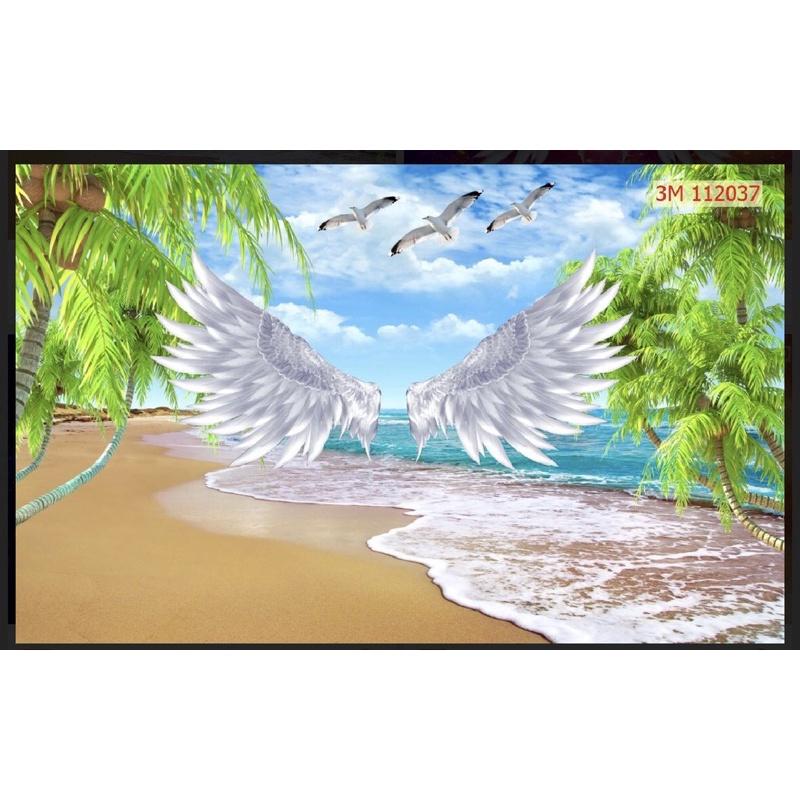 Tranh dán tường đôi cánh thiên thần trang trí quán cafe. tranh in vải lụa