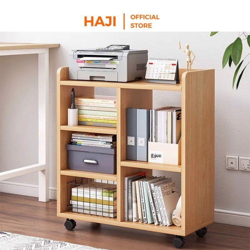 Kệ sách gỗ thông minh HAJI nhiều ngăn có bánh xe tiện dụng, kệ sách trang trí A173