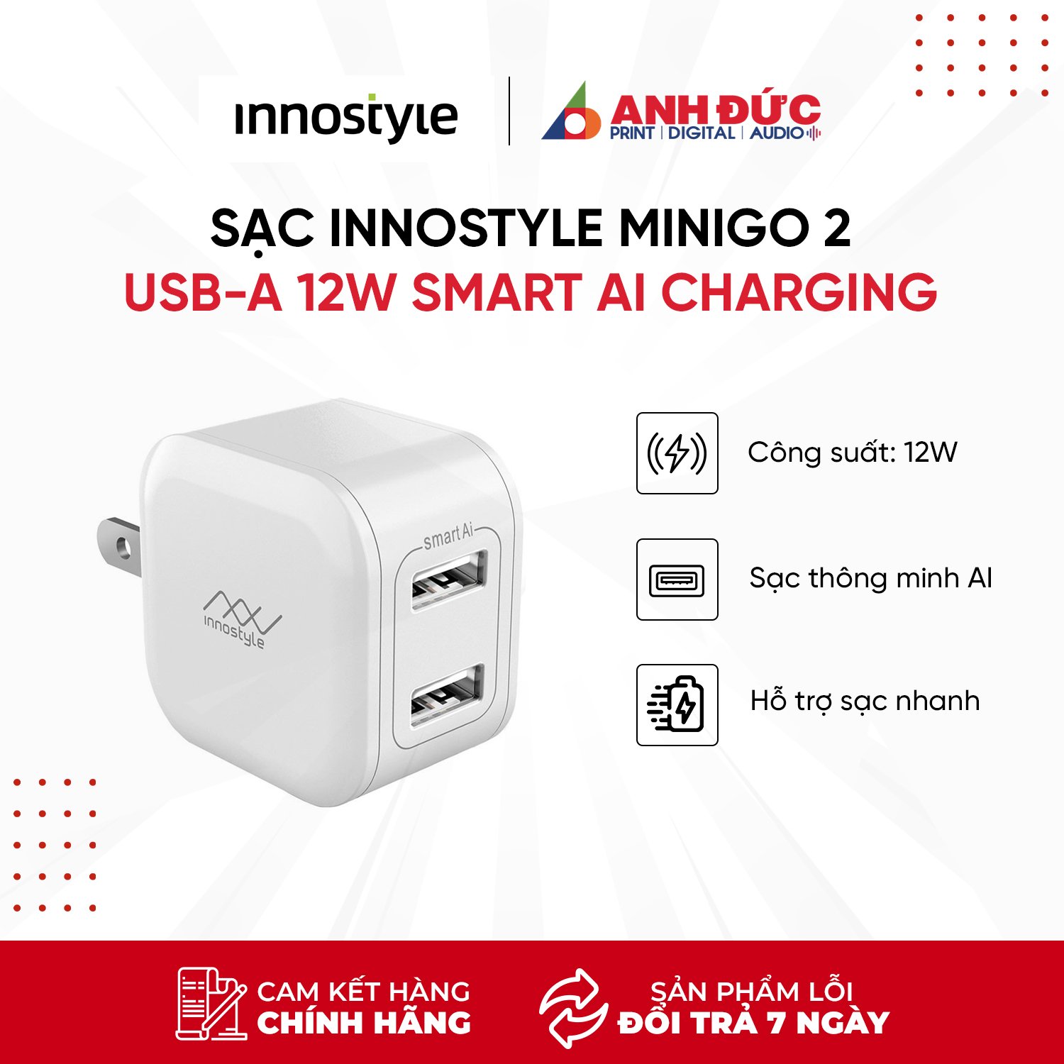 Sạc Innostyle Minigo 2 Cổng USB-A Công Suất 12W Smart AI Charging - Sạc Thông Minh Hàng Chính Hãng