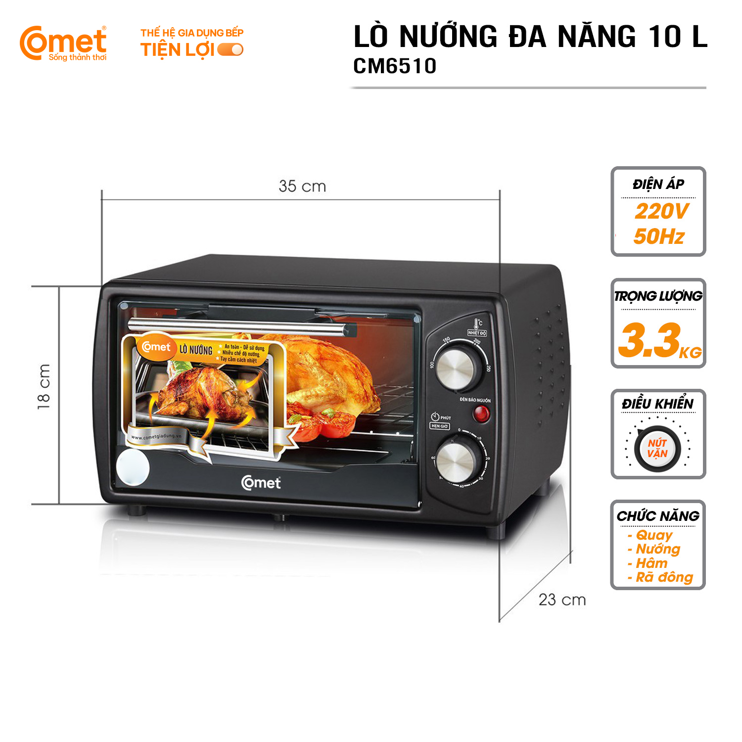 Lò nướng điện Comet CM6510 10L – Công suất 1000W, đa chức năng, nhỏ gọn, hàng chính hãng