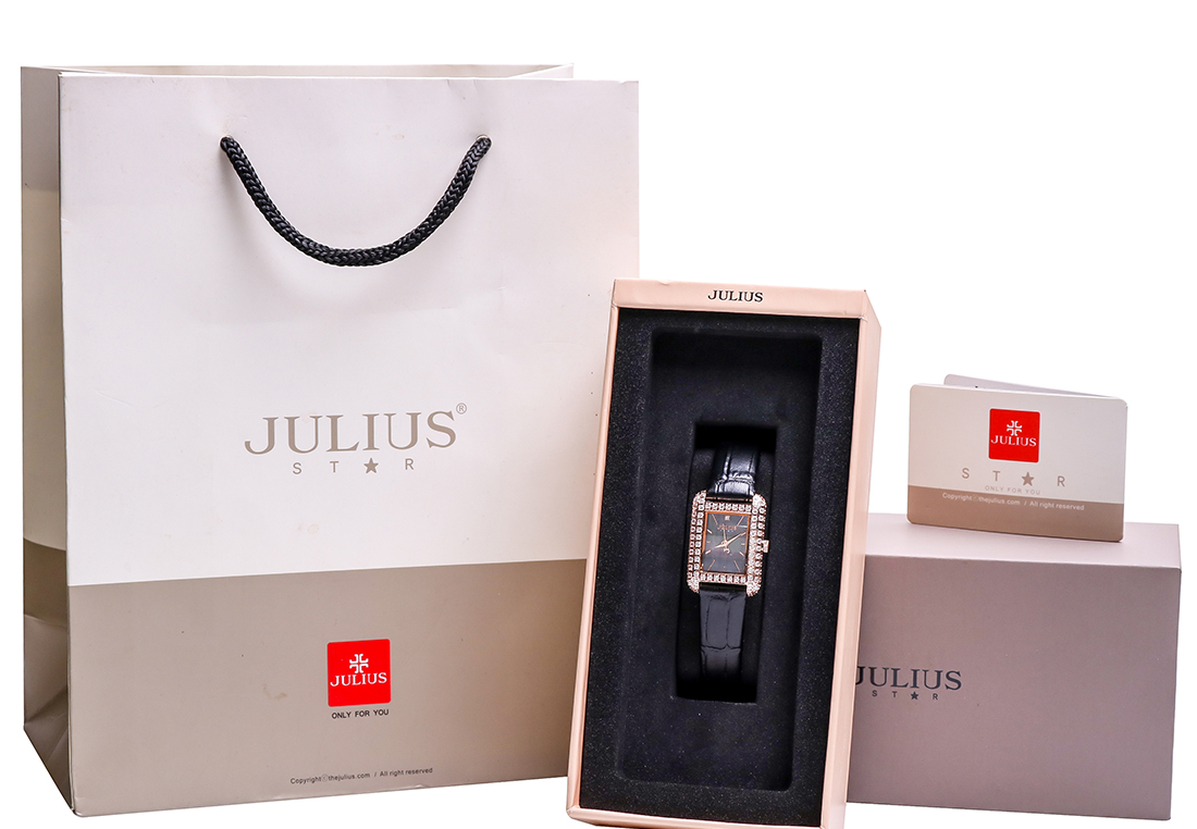 Đồng hồ nữ Julius Star Hàn Quốc JS-046B mặt chữ nhật viền đính đá