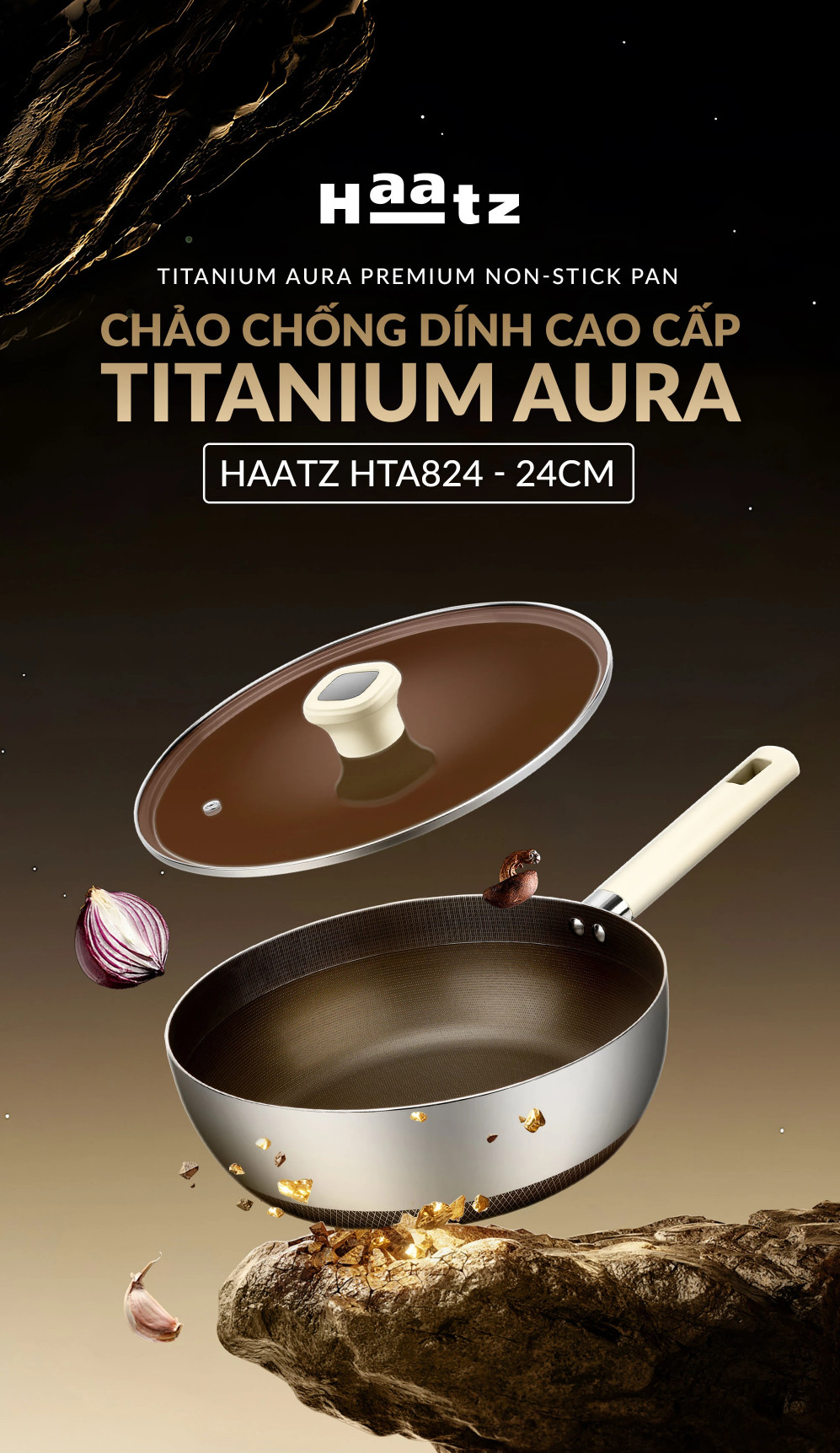 (Bảo Hành 5 Năm) Chảo Chống Dính Sâu Lòng Titanium 24cm Aura Haatz HTA824 Kèm Vung Kính - Hàng Chính Hãng