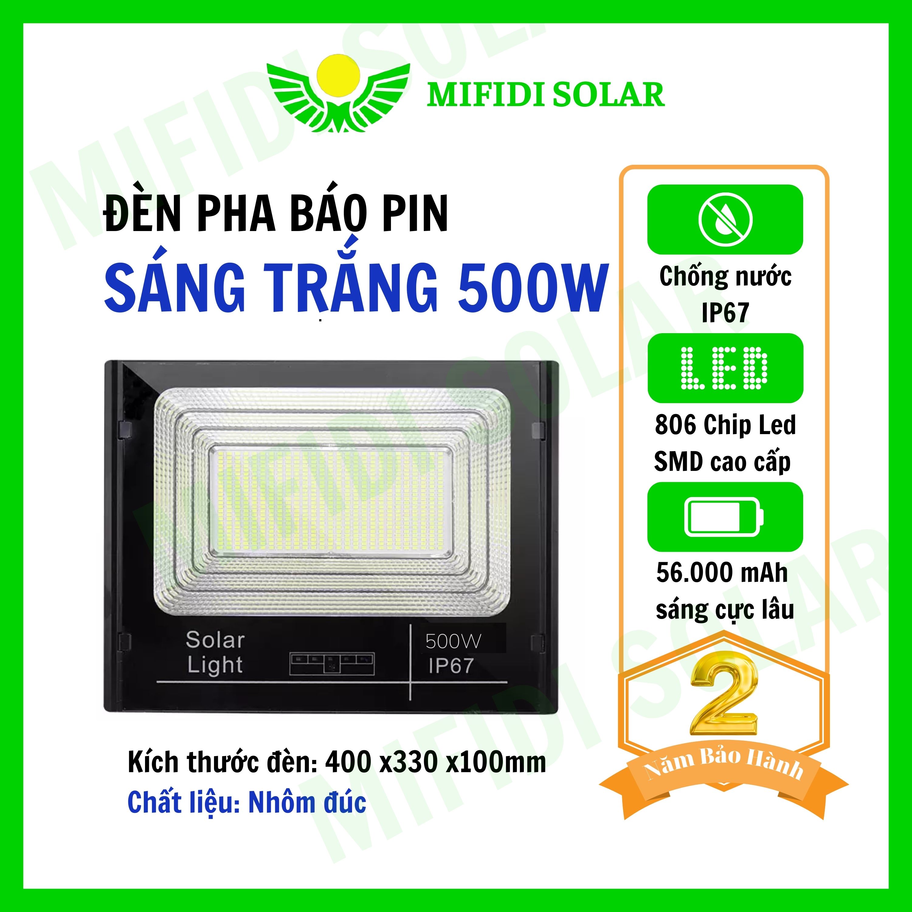 Đèn Năng Lượng Mặt Trời MIFIDI | Đèn Pha Báo Pin 500W ánh sáng trắng công suất cao LP500