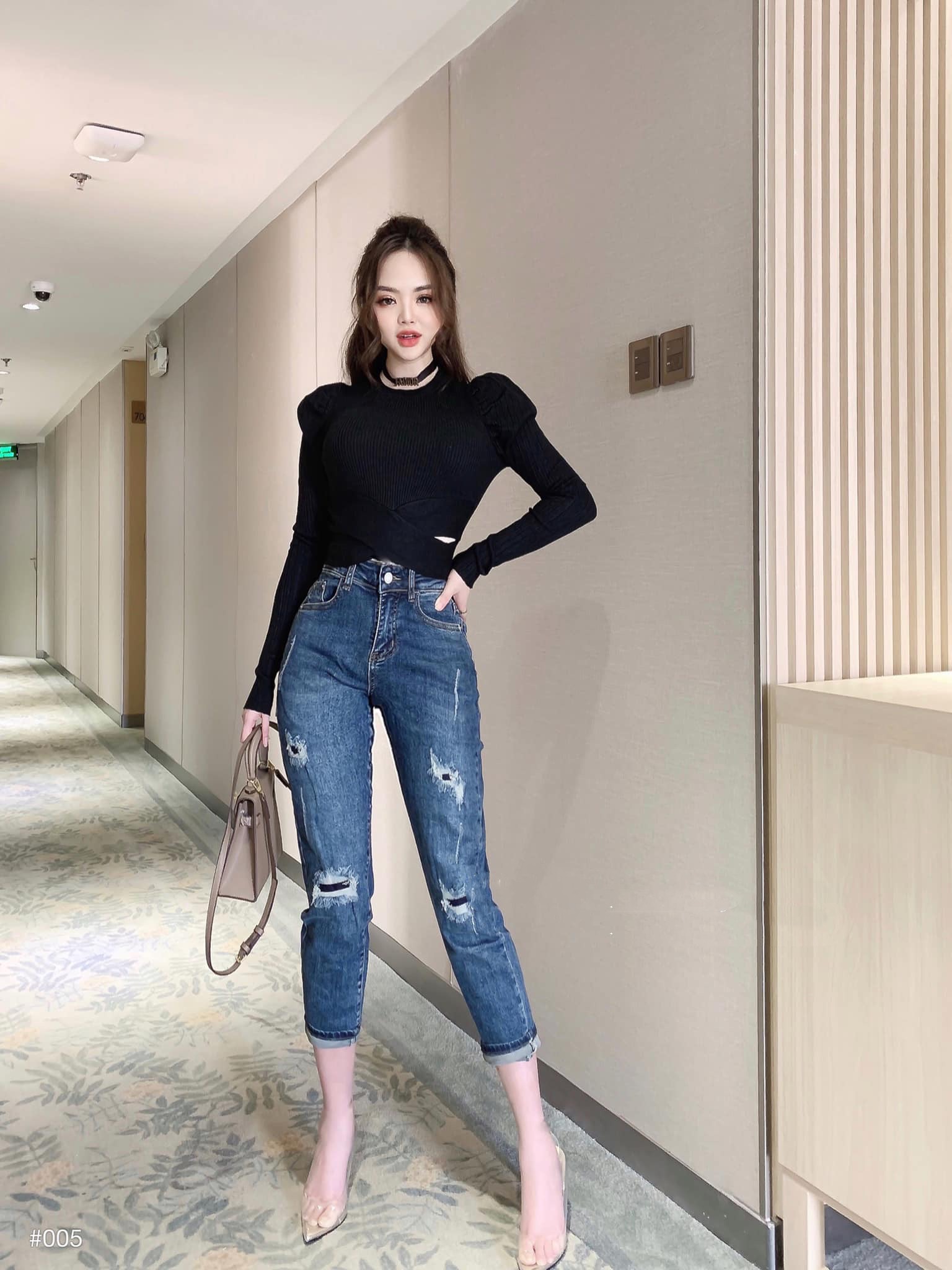 Quần jean nữ dài 9 tấc dành cho BIGSIZE lưng cao, tua lai, rách kiểu vá đăp co dãn mạnh 36722