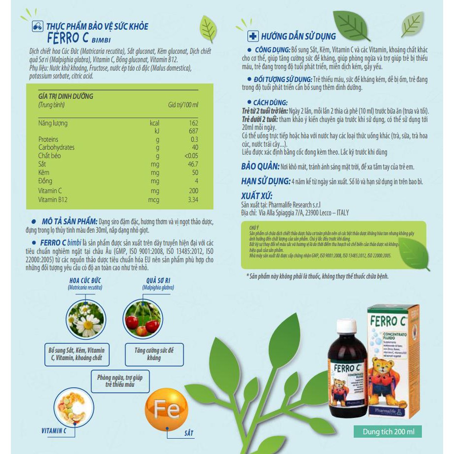 Pharmalife Fitobimbi FERRO C bổ sung sắt, kẽm hữu cơ, Chai 200ml