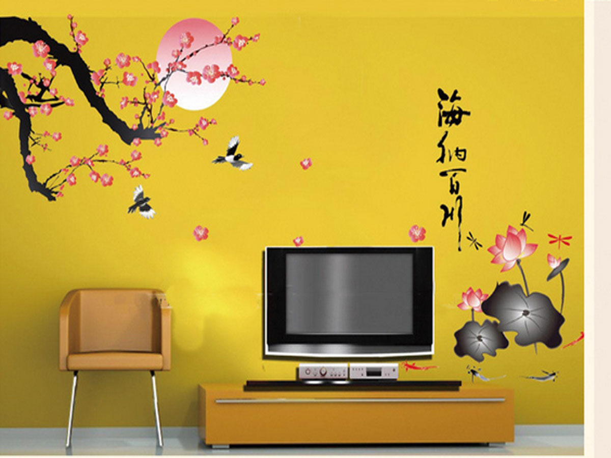 Decal dán tường hoa đào và hoa sen đỏ