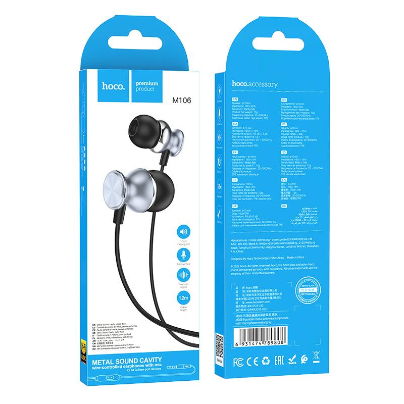 Ưu đãi đặc biệt HOCO hoco M106 dây kim loại mới điều khiển với lúa mì tai nghe in-ear 3.5mm tai nghe nhạc chạy đa năng