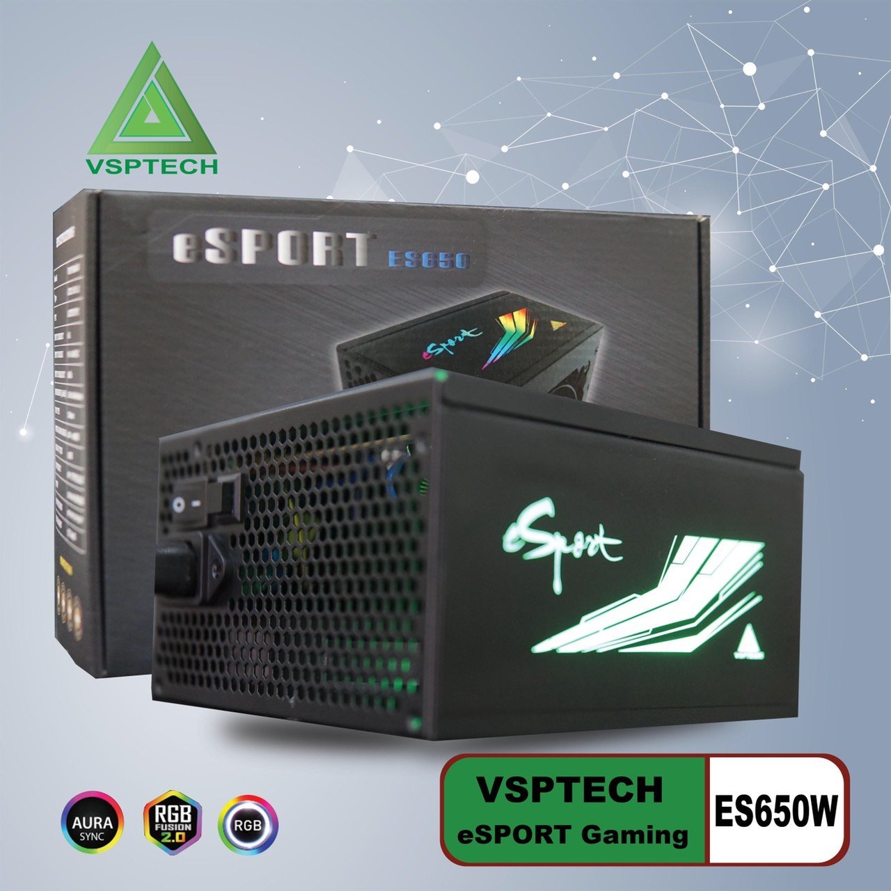 VSPTECH ES650W (650W) (LED màu ngẫu nhiên RGB, Chuẩn 80Plus, Chuyên Main 2CPU)