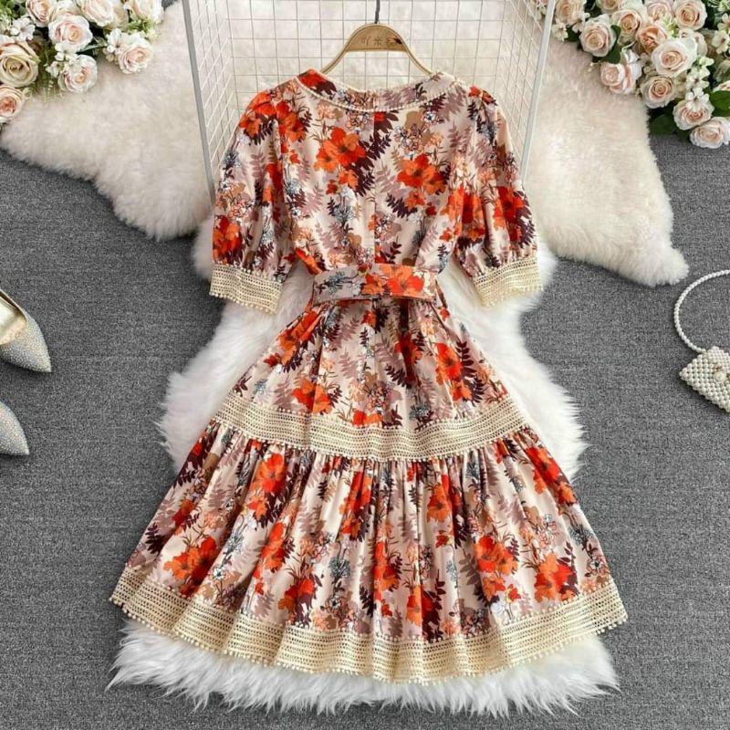 HÀNG NHẬP - ĐẦM XÒE LỤA HOA PHỐI REN