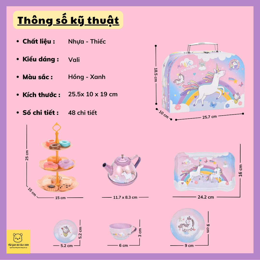 Bộ đồ chơi tiệc trà bánh cho bé Tea Set 48 chi tiết, ngựa Pony, thiếc Cao Cấp