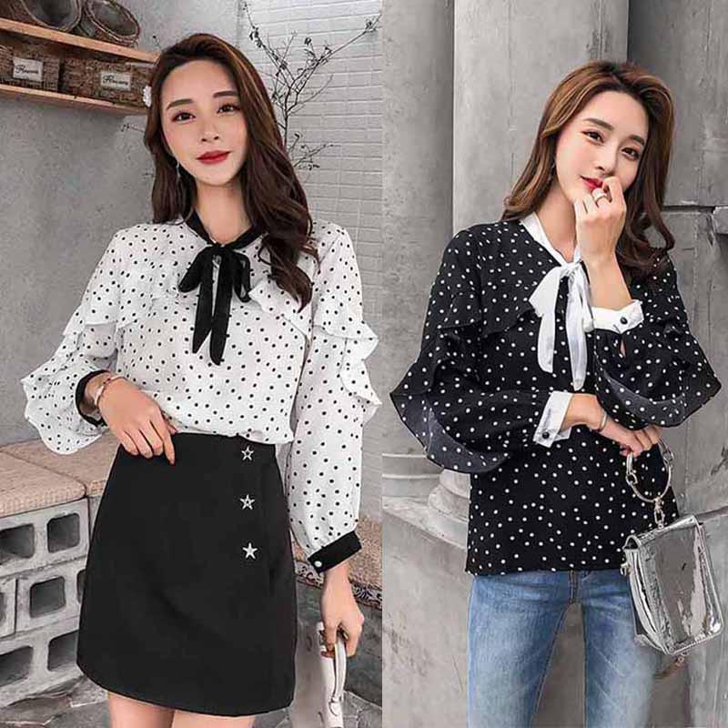 Áo chiffon tay dài phối nơ thiết kế đơn giản cho phái nữ - black,XL