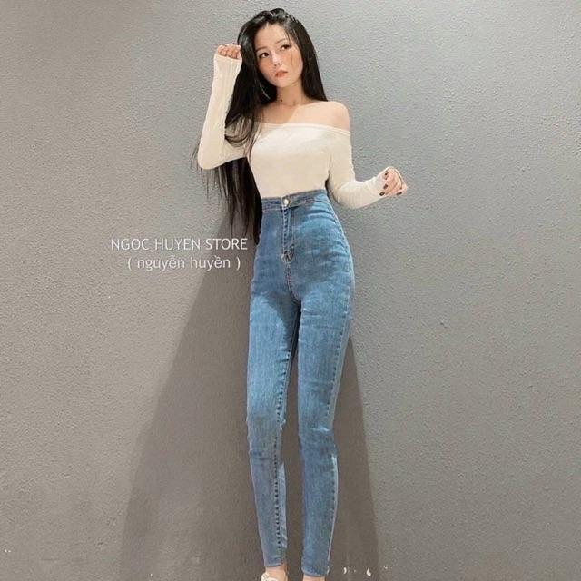 Quần jeans ôm body lưng siêu cao nút kiểu, quần jean nữ, quần bò nữ lưng cao trơn -