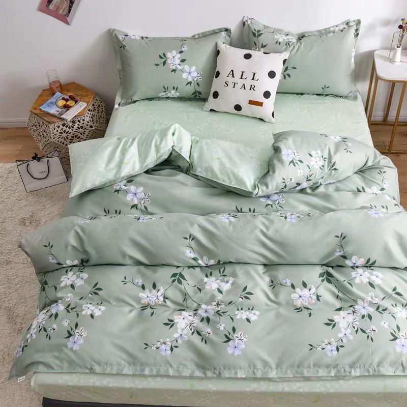 CHĂN GA GỐI POLY COTTON HOA DÂY XANH, SET CHĂN GA GỐI 5 MÓN -PP