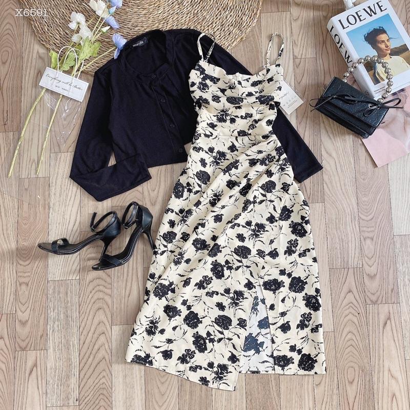 Set váy hoa kèm áo khoác croptop