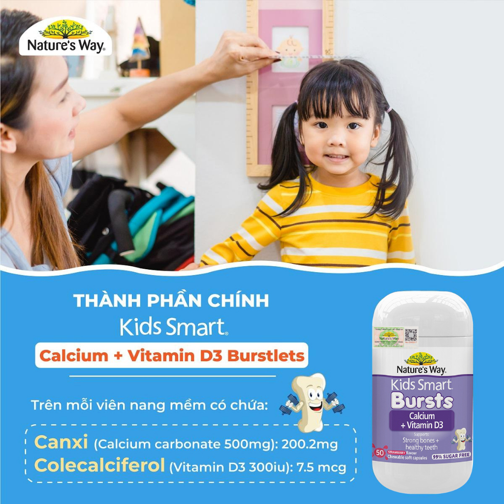 Viên Nhai Bổ Sung Canxi Cho Bé Kids Smart Bursts Calcium + Vitamin D3 Nature's Way (50 viên)
