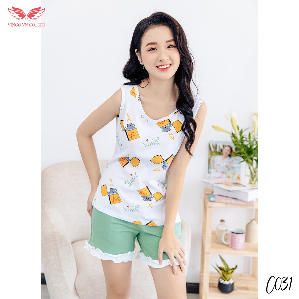 Đồ Bộ Nữ Pijama Mặc Nhà VINGO Chất Cotton Thoáng Mát Áo Ba Lỗ Sát Nách Quần Cộc Viền Bèo C031 VNGO