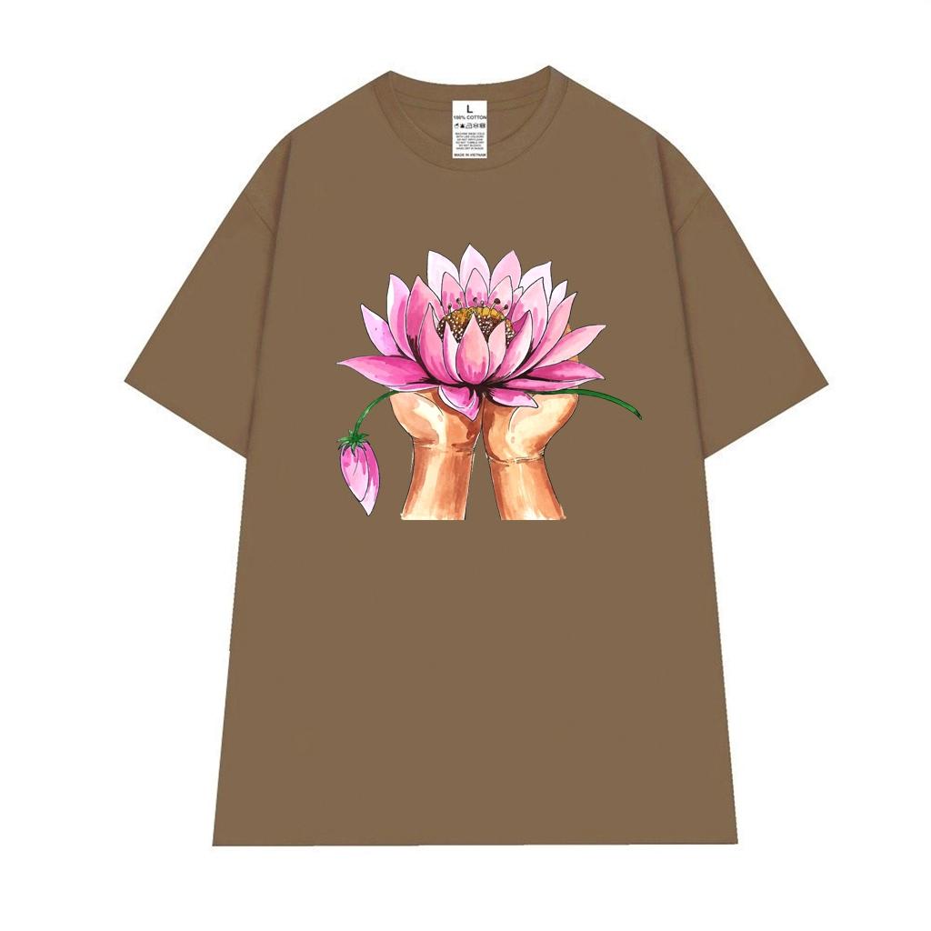 Cao cấp - Áo thun oversize hình vẽ màu nước đôi tay dâng hoa Sen lotus shirt BND553