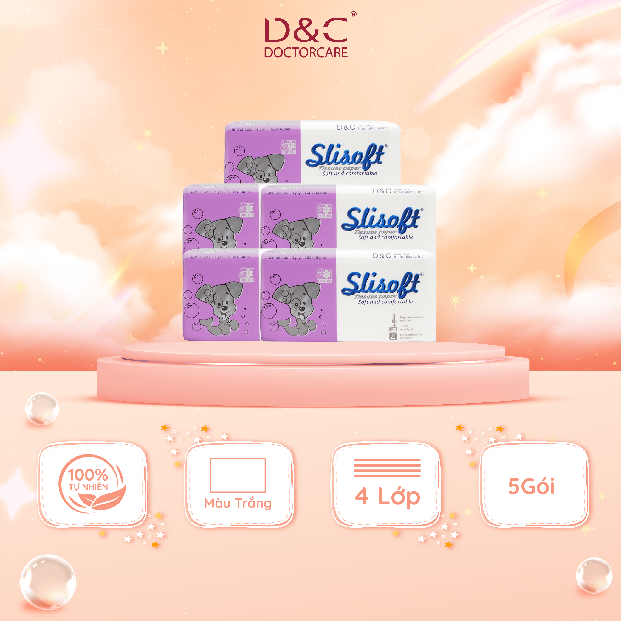 Combo 5 Giấy Ăn Slisoft Trắng Tự Nhiên Đa Năng, Khăn Giấy Rút Không Chất Tẩy Trắng An Toàn Cho Cả Gia Đình - Cún Con