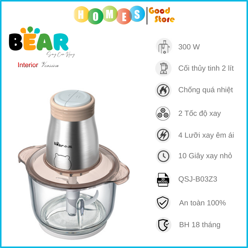 Máy Xay Thực Phẩm, Máy Xay Thịt BEAR QSJ-B03Z3 Cối Thủy Tinh Xay Cực Êm Dung Tích 2 Lít Công Suất 300 W - Hàng Chính Hãng