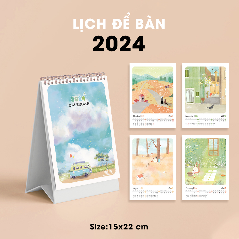 Lịch để bàn 2024 [ TẶNG THÁNG 12/2023 ], 2 mặt in, có lịch âm, ghi chú ngày lễ, lịch ghi chú kế hoạch, TRANH MINH HỌA