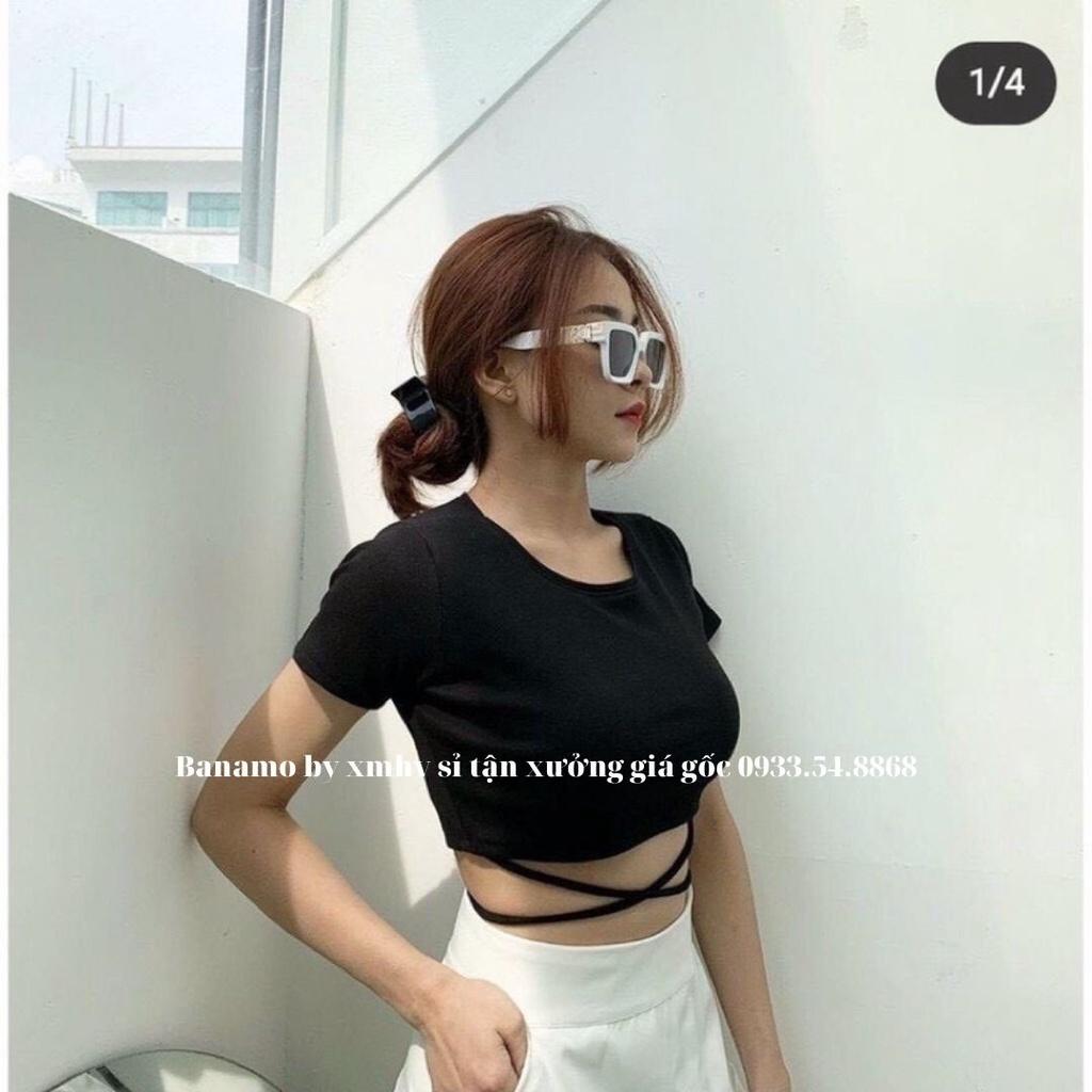 Áo thun nữ croptop cộc tay phối dây eo thời trang Banamo Fashion chất cotton áo croptop cộc tay dây eo 3123