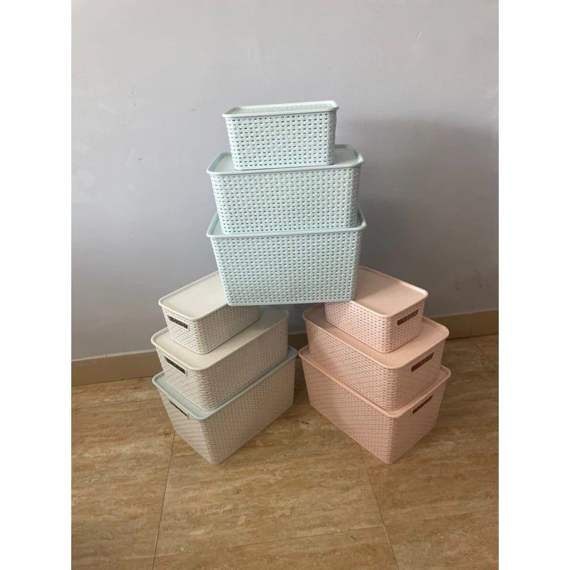 Giỏ nhựa mây tre đan đựng đồ có nắp đậy, giỏ đựng đồ đa năng, rổ nhựa hàn quốc. Phân phối bởi phương phương store Home